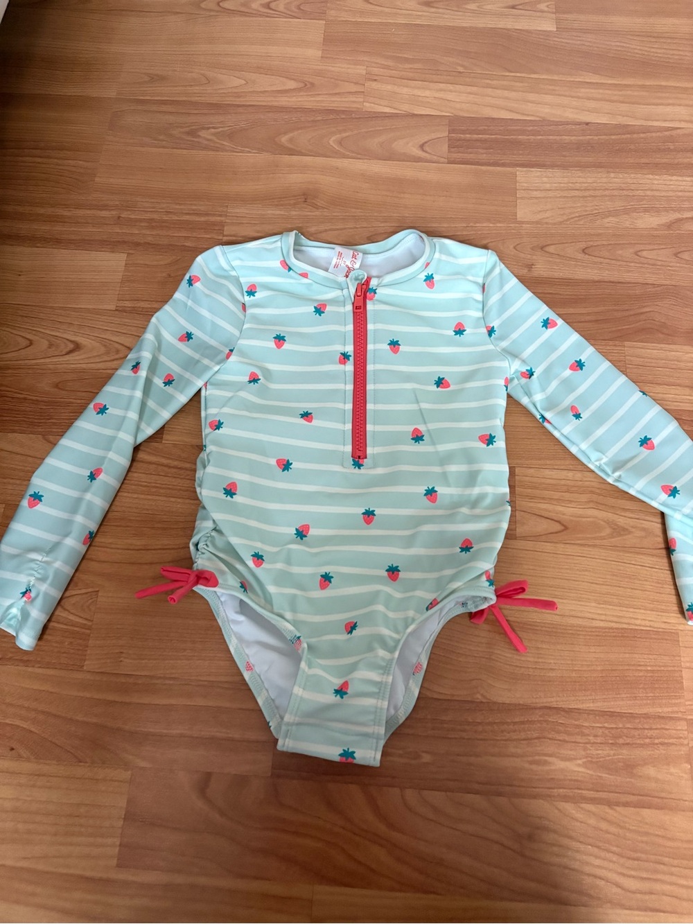Cat & Jack Mint and Pink Long-Sleeve One-Piece Swimsuit with Strawberry Print